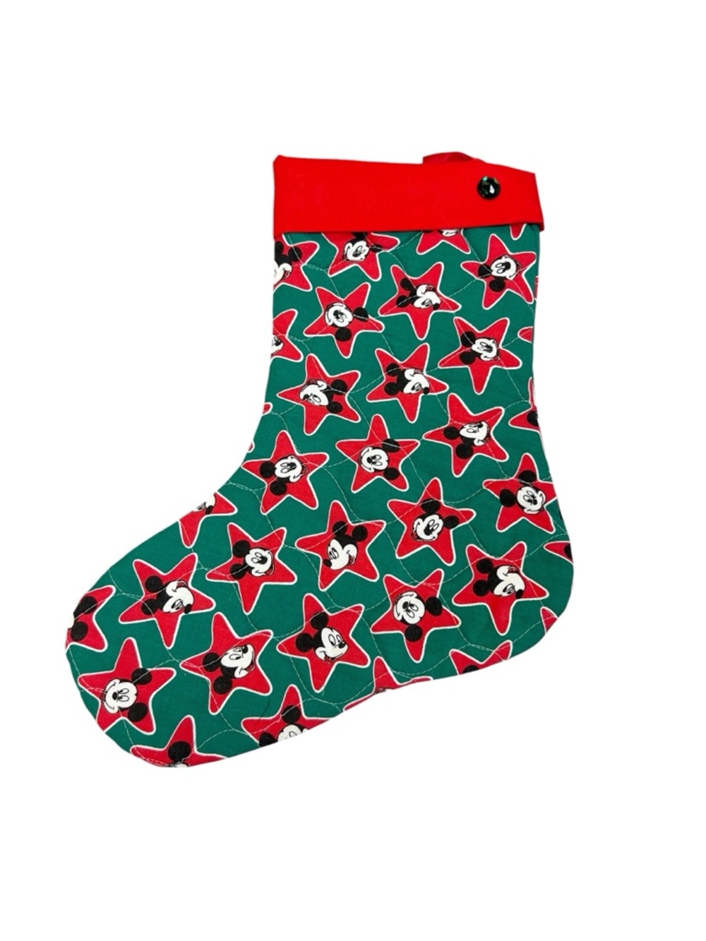 Vintage Mickey Mouse Christmas Holiday Handmade Quilted Stocking Green Red